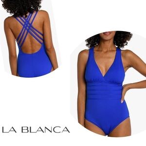 La Blanca Island Goddess Tummy-Control One Piece Sapphire Blue 4 NWOT